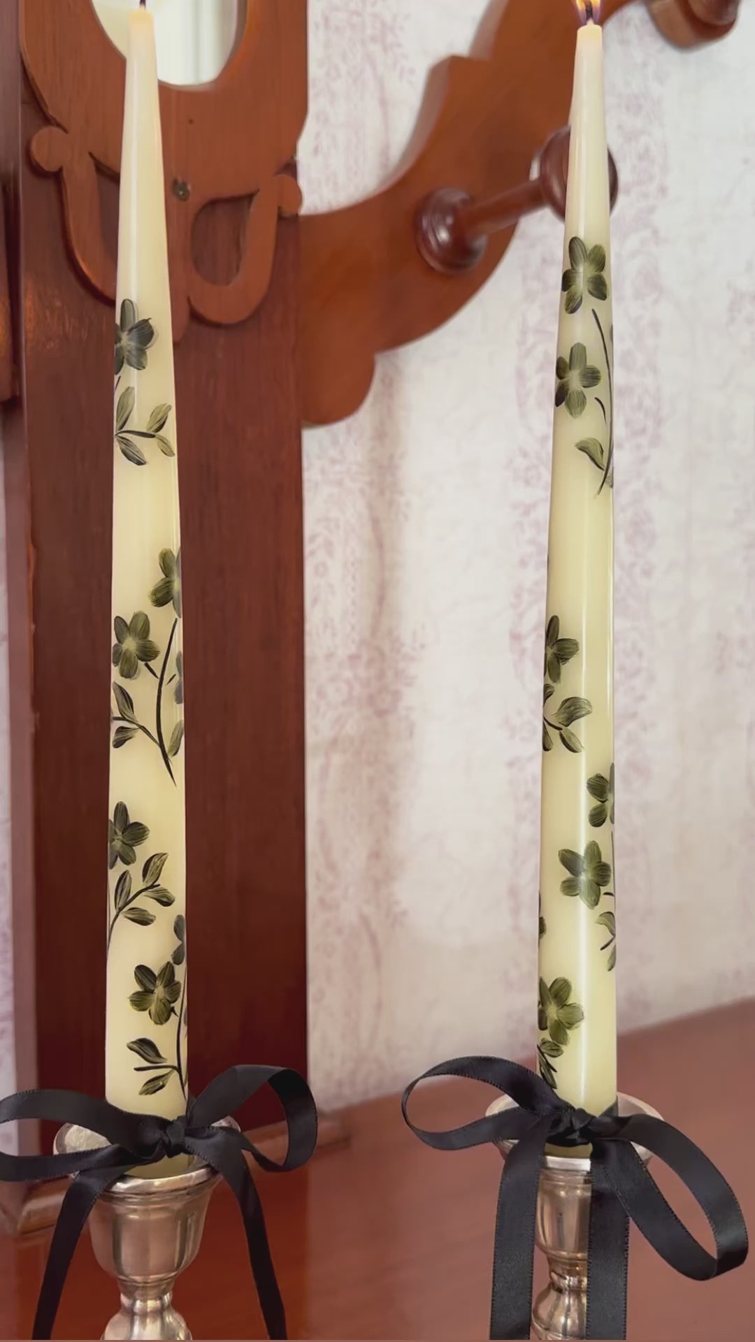 Forest Green Floral Taper Candles